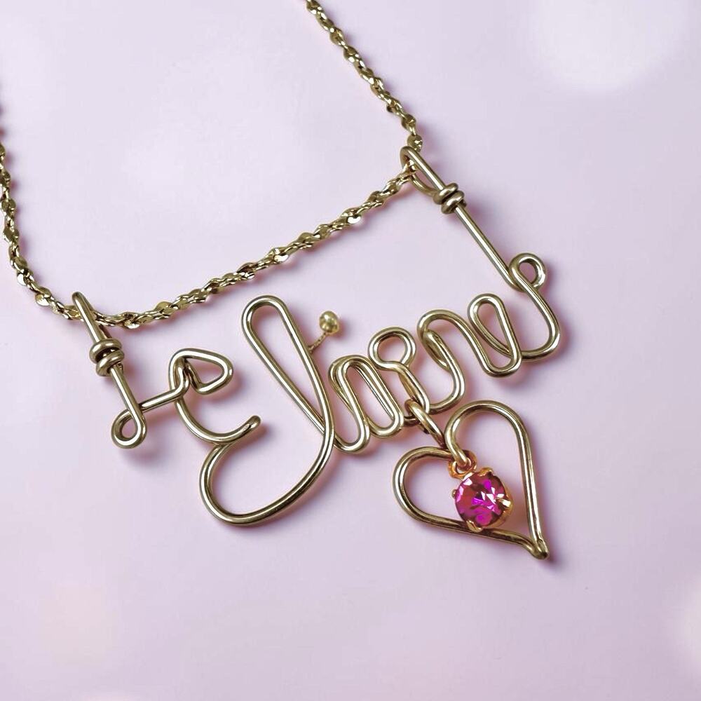 Gold Tone “Elaine” Name Necklace Pink Heart Charm Y2K Victorian Style Sweetheart